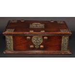 A Dutch Colonial brass and copper mounted hardwood box, hinged cover, swing carrying handles,