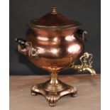 A post-Regency copper and brass pedestal samovar, turned fruitwood handles, square base with