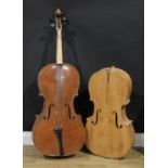 A 19th century cello, the two-piece back 77cm long excluding button, ebonised tuning pegs,