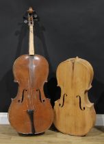 A 19th century cello, the two-piece back 77cm long excluding button, ebonised tuning pegs,