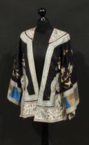 A late 19th/early 20th Century Chinese silk jacket, embroidered panel, fanciful bird, butterflies,