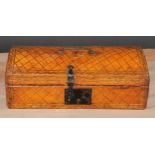 A French tooled leather table box, hinged domed cover with angular swan neck handle, iron hasp and