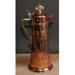 A WMF Secessionist copper and brass spreading cylindrical flagon, embossed with stylised organic