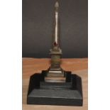 A 19th century Grand Tour bronze obelisk desk thermometer, stepped square ebonised base, 23cm high