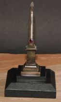 A 19th century Grand Tour bronze obelisk desk thermometer, stepped square ebonised base, 23cm high