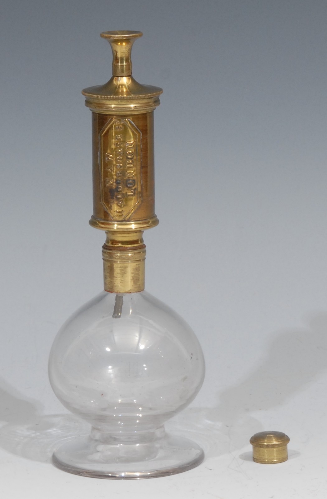 A Victorian gilded brass and clear glass breast pump by S Maw & Son, Thompson Place, London, red - Image 3 of 4