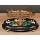 A set of 19th century Derbyshire Ashford marble postal scales, the oval base inlaid in malachite and