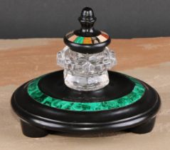 A 19th century Derbyshire Ashford marble circular ink stand, glass well with specimen stone cover,