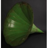 A large early 20th century green tinplate phonograph horn, with suspension hook, 57cm diameter, 63.