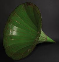 A large early 20th century green tinplate phonograph horn, with suspension hook, 57cm diameter, 63.