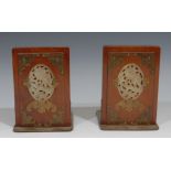 A pair of Chinese jade mounted hardwood bookends, applied in brass cut-card work with bats, 16cm