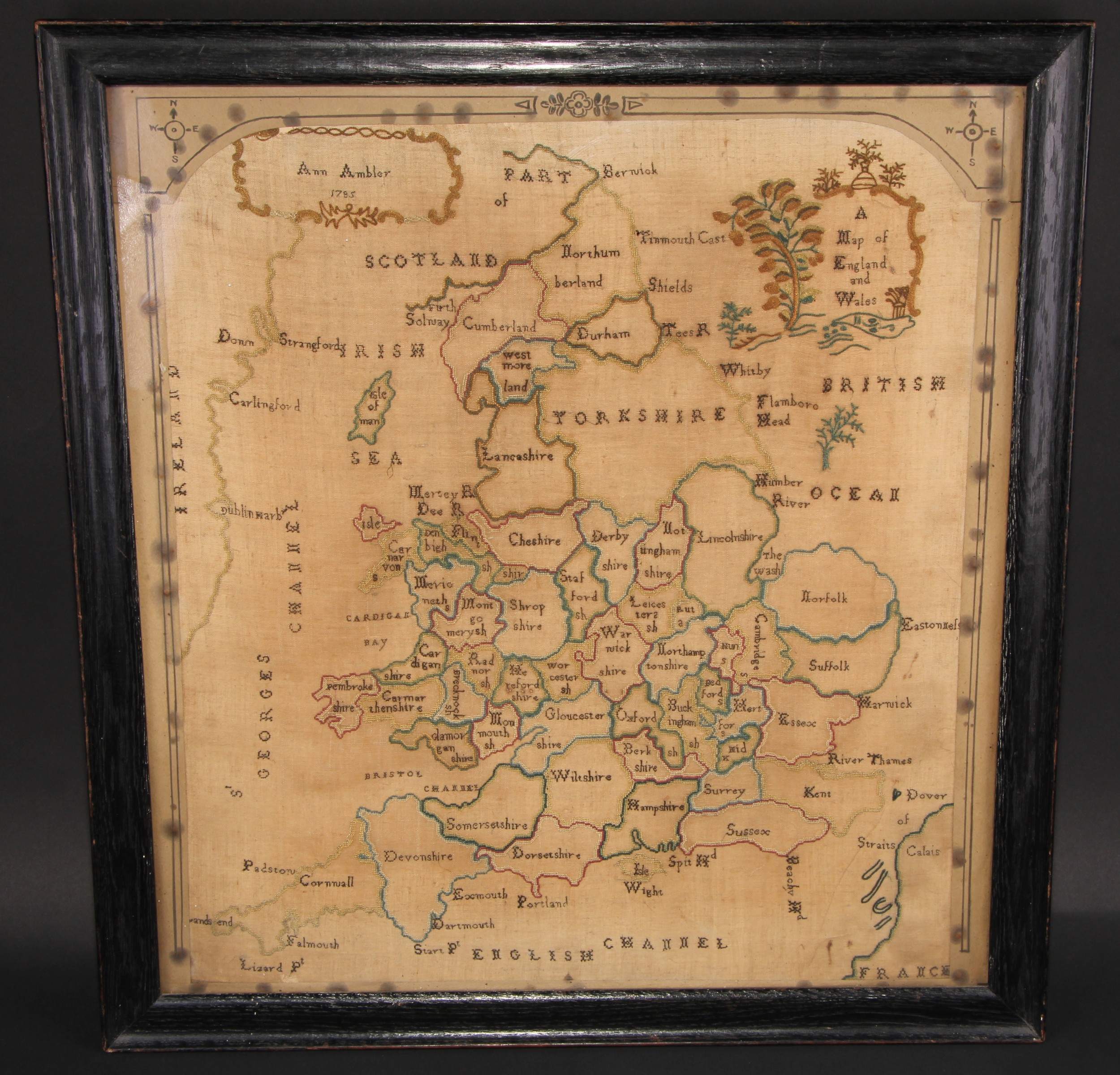 A George III map sampler, A Map of Englnad and Wales, by Ann Ambler, 1785, 55cm x 51cm, c.1785,