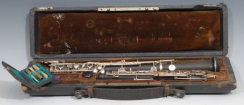 An oboe, by F Lore, Paris, plated keys, no.Q18, 60cm long, cased
