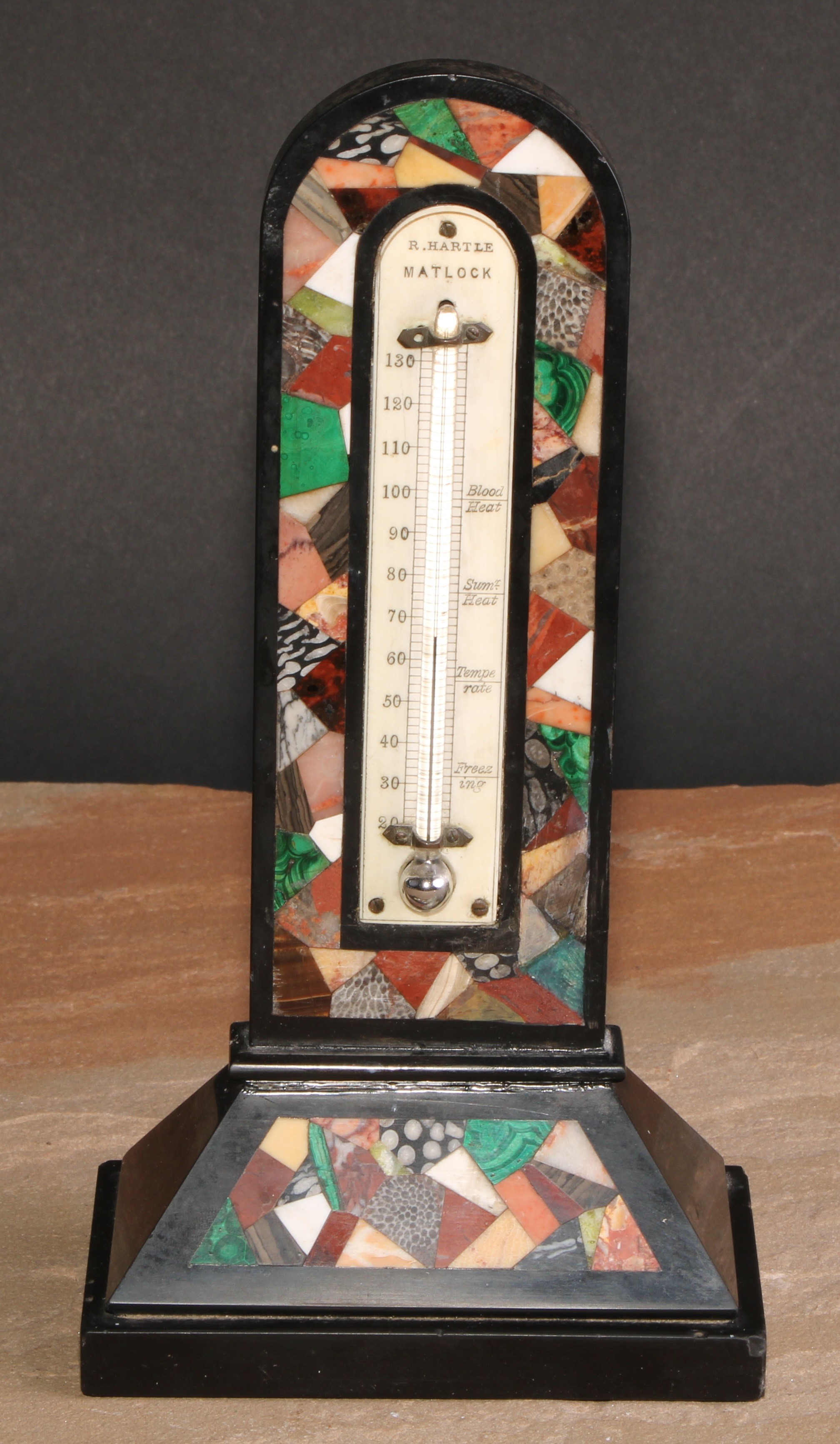 A 19th century Derbyshire Ashford marble desk thermometer, the ivorine scale inscribed R Hartle,