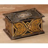 A Swedish Arts and Crafts period blue and gilt damascened steel casket, decorated with Norse