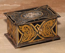 A Swedish Arts and Crafts period blue and gilt damascened steel casket, decorated with Norse