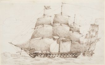 Lieut. James Kennett Willson RM (fl.c.1812 - 1830) Two Two-Deckers off a Distant Coast labels to