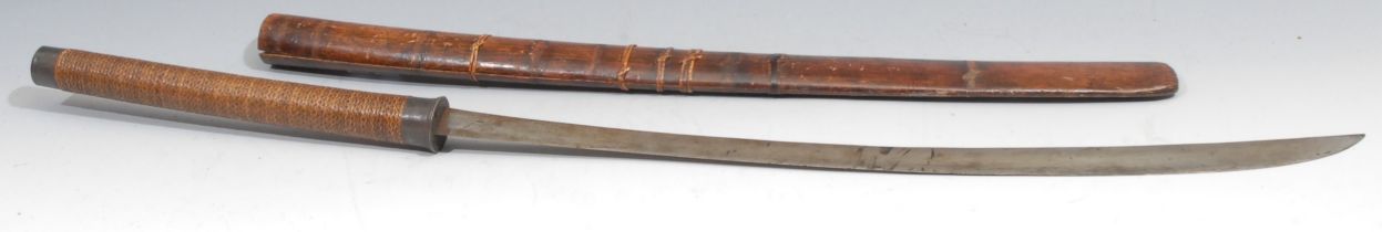 A Burmese dha sword, 57.5cm curved tapered single-edged blade, rattan-bound hilt with silver