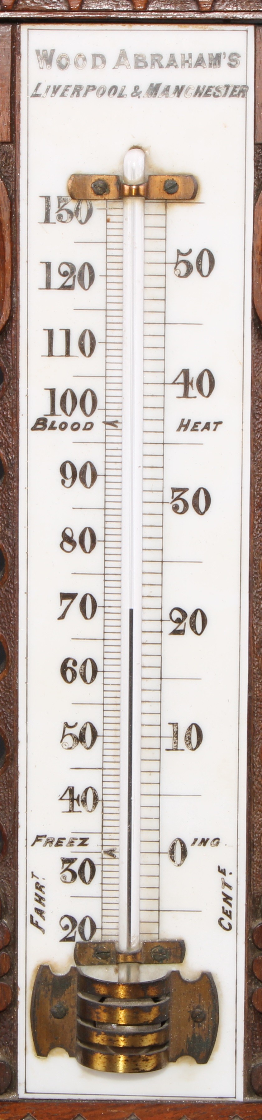 A large and unusual Victorian walnut table top thermometer, the opaque glass register inscribed Wood - Image 2 of 3