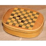 Treen - an early 20th century parquetry novelty rounded rectangular snuff box, the cover inlaid with