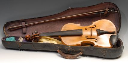 A violin, the two-piece back 35.75cm long excluding button, ebonised tuning pegs, outlined