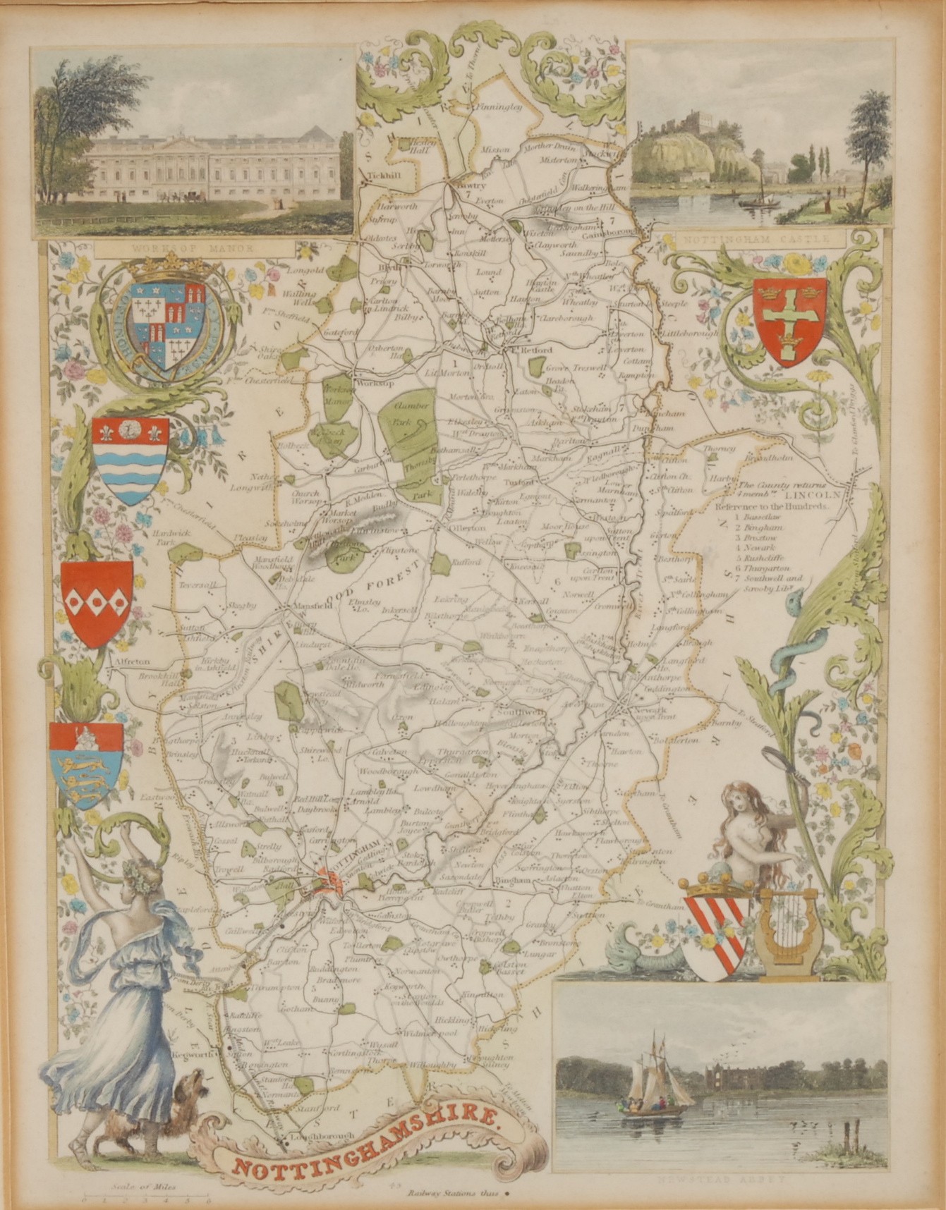 Thomas Moule, an engraved coloured map, Nottinghamshire, 26cm x 20cm