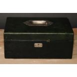 A late Victorian green morocco leather travelling jewel box, hinged cover and fall front enclosing a