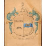 Heraldry - a 19th century watercolour armorial, Cutcliffe et Lovering, 10.5cm x 8cm, maple frame,