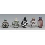 A Chinese Peking glass globular snuff bottle, in cameo with animals in a landscape, 5.5cm high;