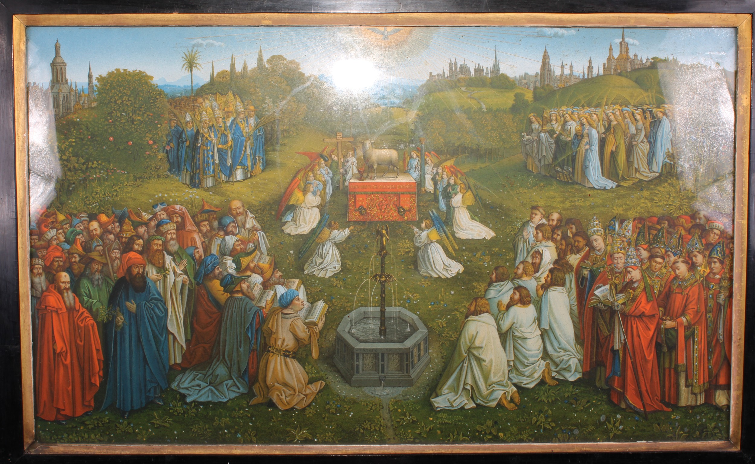 A late 19th/early 20th century antiquarian's facsimile triptych, after the Ghent altarpiece, the - Image 4 of 4