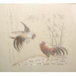 A Chinese needlework picture, worked in silvered, gilt and coloured threads with a cockfighting