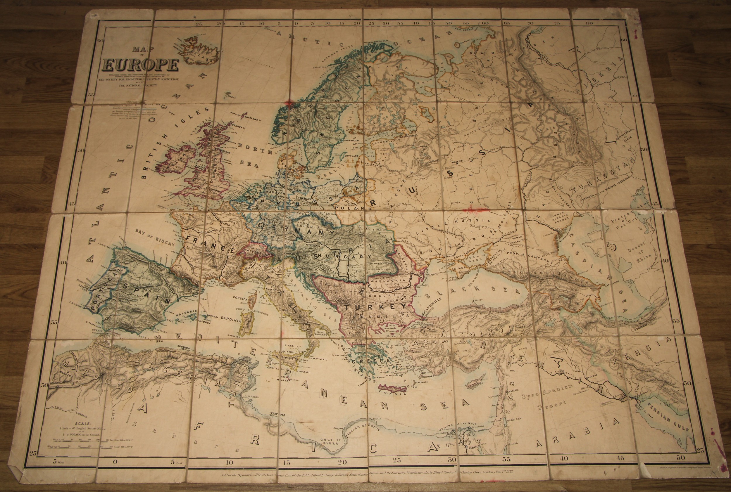 A 19th century thirty-two fold map, of Europe, published under the direction of the Committee of