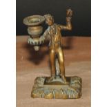 A 19th century bronze figural so-to-bed, cast as a gentleman holding a campana sconce, loop