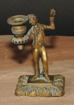 A 19th century bronze figural so-to-bed, cast as a gentleman holding a campana sconce, loop
