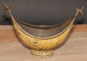 A Persian lacquer kashkul alms bowl, decorated in the Islamic taste with animals, 24cm wide