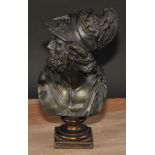 French School (19th century), a dark patinated spelter library bust, of Ajax, square base, 28cm high