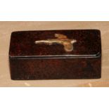 A 19th century papier mache rounded rectangular snuff box, hinged cover applied with a gilt metal