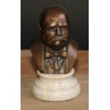 A bronze desk bust, Winston Churchill, waisted marble socle, 14.5cm high