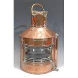 A copper ship's lantern, Bow Starboard Pat.24, ribbed glazed door, brass fittings, swing handle,