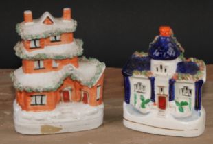 A 19th century Staffordshire pottery novelty money box or bank, modelled as a cottage, 19cm high,