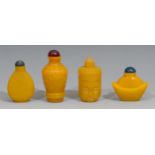 A Chinese yellow glass snuff bottle, moulded with characters and lotus lappets, 8cm high; others (4)