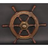 Maritime Interest - an early 20th century brass mounted teak ships wheel, turned spokes and handles,