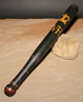 Police History - a Victorian turned and painted truncheon, decorated with a crowned VR cipher,