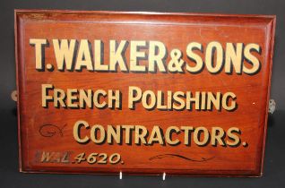 An early 20th century walnut antique restoration workshop advertising sign, inscribed in gilt T