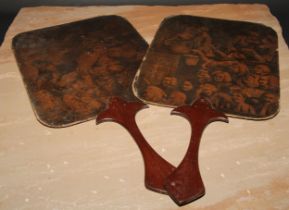 A pair of George III mahogany and card hand screens, the large rounded rectangular banners printed