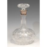 A George V silver mounted cut glass mallet shaped decanter, mushroom stopper, 23cm high,