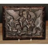 A Black Forest rectangular panel, carved in relief with boys out nesting, 21.5cm wide, late 19th