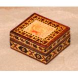 A Tunbridge ware rectangular stamp box, push-fitting cover decorated with an Edward VII one penny