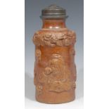 A 19th century cylindrical salt glazed stoneware snuff jar, pewter collar and detachable cover,