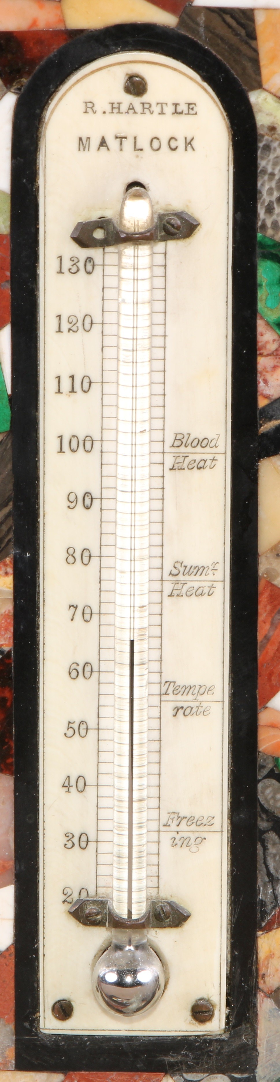 A 19th century Derbyshire Ashford marble desk thermometer, the ivorine scale inscribed R Hartle, - Image 2 of 3